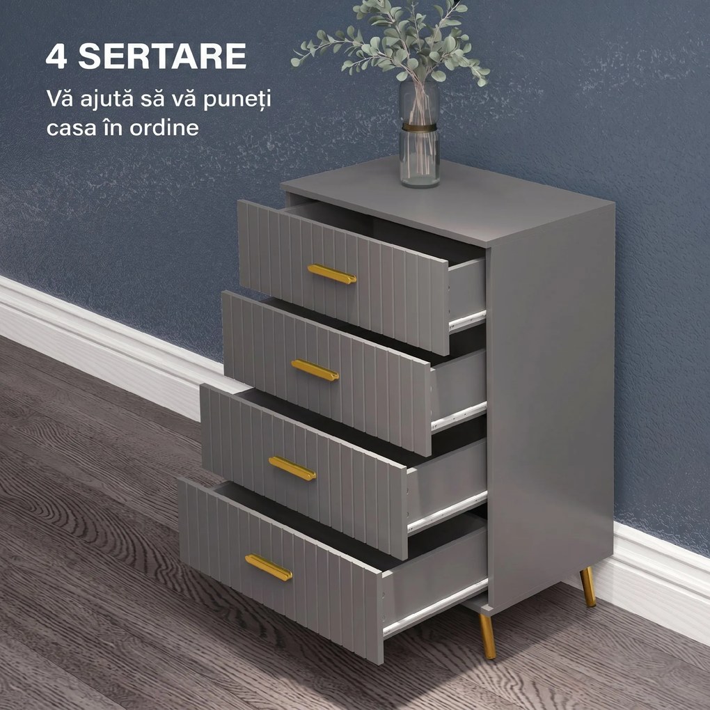 HOMCOM Comodă Modernă cu 4 Sertare, Unitate Sertar Depozitare cu Picioare din Aluminiu, 60x40x90 cm, Gri Închis