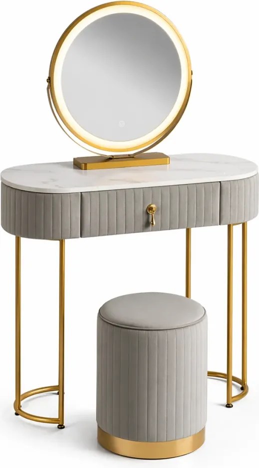 Set SARAH – Masă de Toaletă pentru Machiaj, Oglindă Iluminată LED, Control Touch, Sertar, Taburet, 80x40x76 cm, Gri/Auriu
