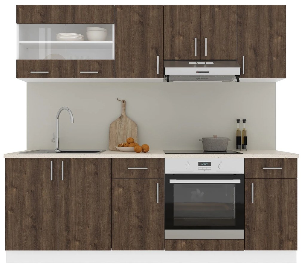 Set Bucatarie Karo V13, Stejar Bronz/Alb, Blat Thermo 28 mm, L 220 cm