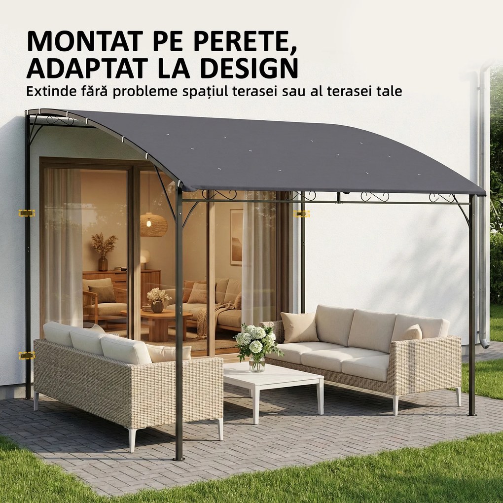 Outsunny Pergolă Gazebo 3.8x2.8m cu 16 Găuri de Drenaj, Pergolă din Metal și Poliester 180g/m² cu Șuruburi, pentru Exterior, Grădină, Terasă și Patio, UV 30+, Gri | Aosom Romania