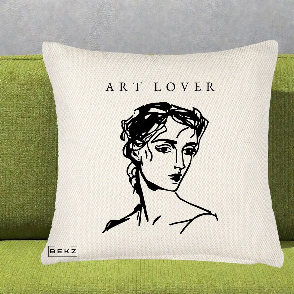 Perna Decorativa Art Lover Portret Grafic, 40x40 cm, Crem Reliefat, Husa Detasabila, Perna Inclusa, BEKZ®