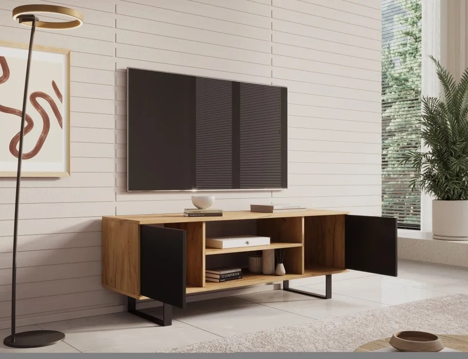 Comodă TV TV Lofter Herringbone cm – 135x40x49 cm – Oak Craft / Negru