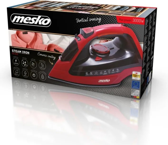 La mâna a doua: Fier de calcat Mesko MS 5031, 3000W, Placa ceramica, Oprire automata, Sistem anti-calcar, Rosu/Negru