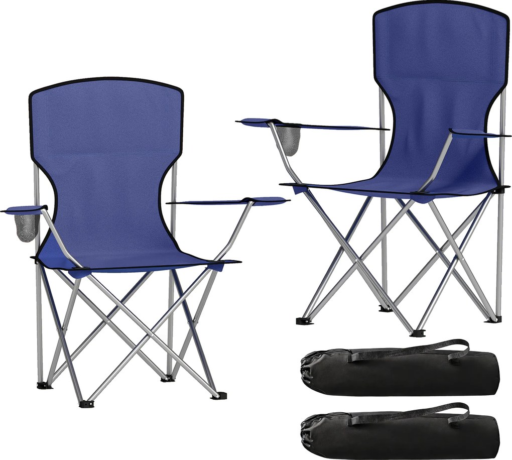 Outsunny Set de 2 scaune de camping pliabile cu suport pentru pahar, husă de transport, spătar înalt, 88x57x97cm, Albastru închis | Aosom Romania