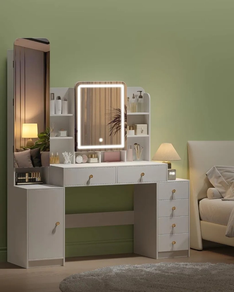 Masuta machiaj cu Oglinda LED si 6 Sertare pentru Cosmetice, Set Masa toaleta 140 cm, Alb, masuta cosmetica, vanity - SEA7