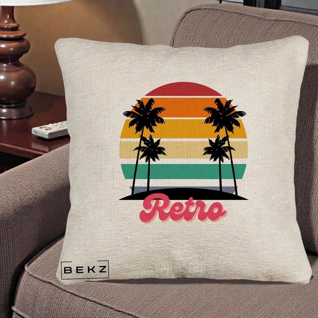 Perna Decorativa Retro Sunset Palmieri, 40x40 cm, Bej Canapea, Husa Detasabila, Perna Inclusa, BEKZ®