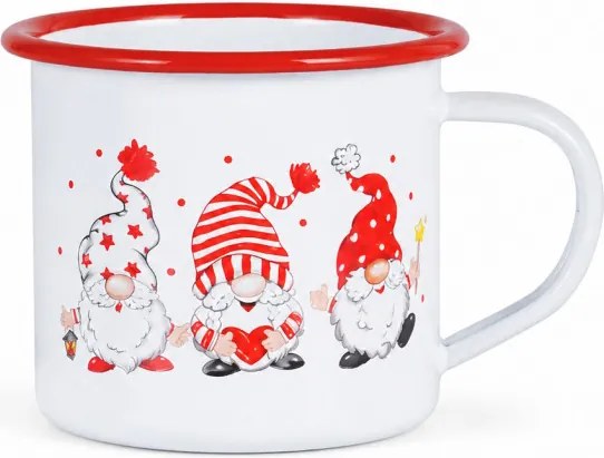 Cana emailata Rosberg R51306A7, 250 ml, 7x7 cm, Margine rotunjita, Tema de Craciun, Alb/Rosu