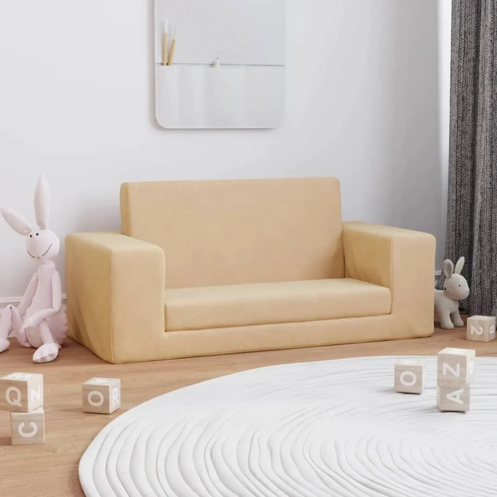 341830 vidaXL Canapea extensibilă de copii cu 2 locuri, crem, pluș moale