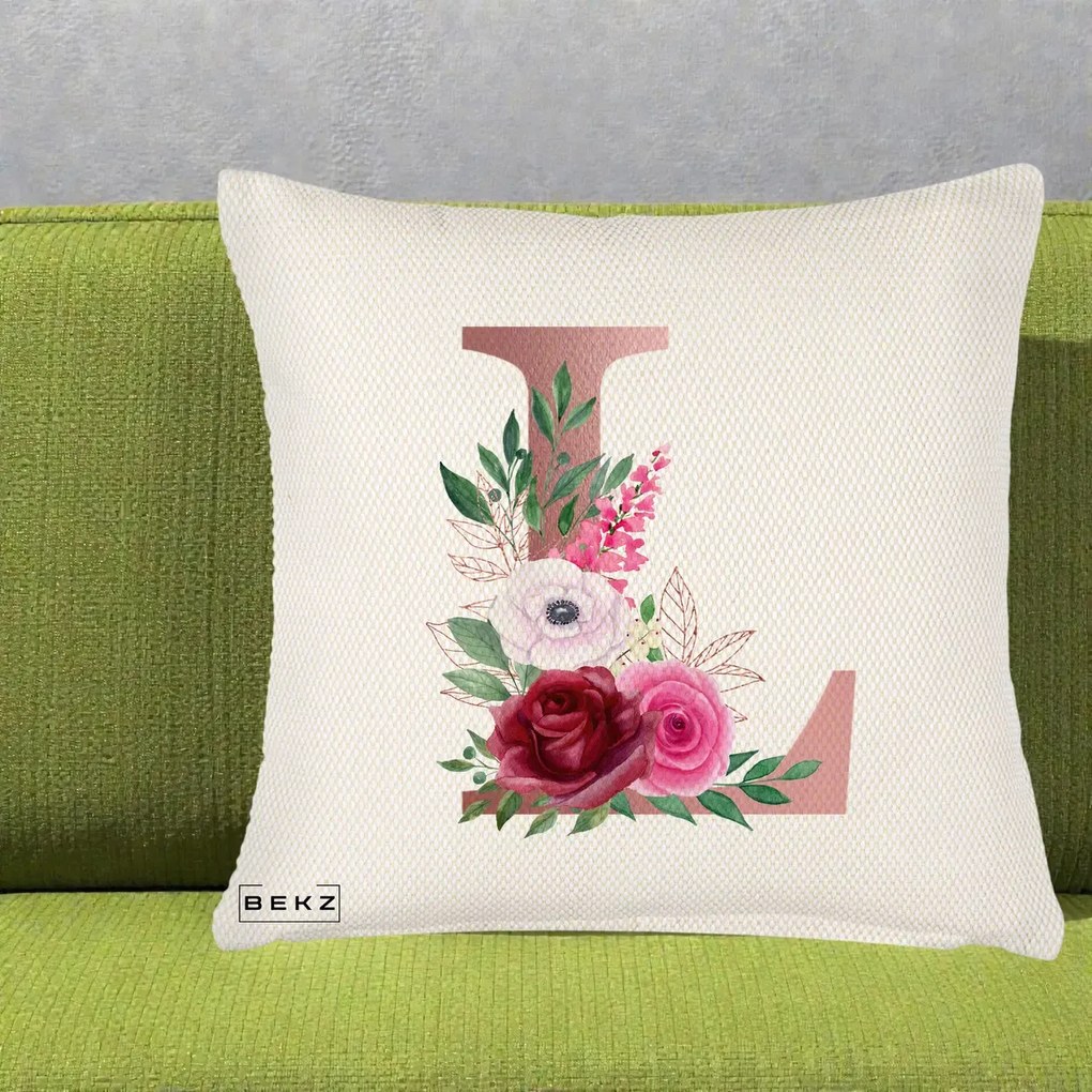Cadou Personalizat - Perna Personalizata Monograma Rose Gold Litera L, 40x40 cm, Crem Reliefat, Husa Detasabila, Perna Inclusa, BEKZ®