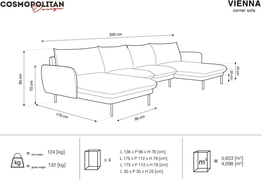 Canapea în formă de "U" Cosmopolitan Design Vienna, gri deschis