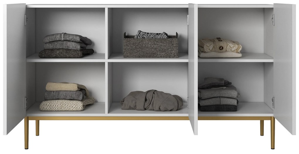 Comodă Nicole 150 cm cu 3 uși, fronturi riflate - alb mat / picioare aurii