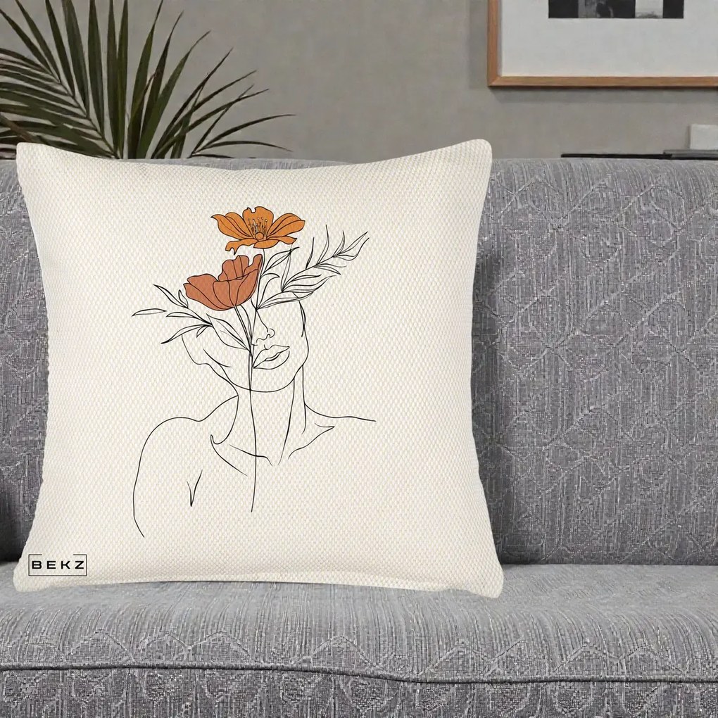 Perna Decorativa Portret Feminin Doua Flori, 40x40 cm, Crem Reliefat, Husa Detasabila, Perna Inclusa, BEKZ®