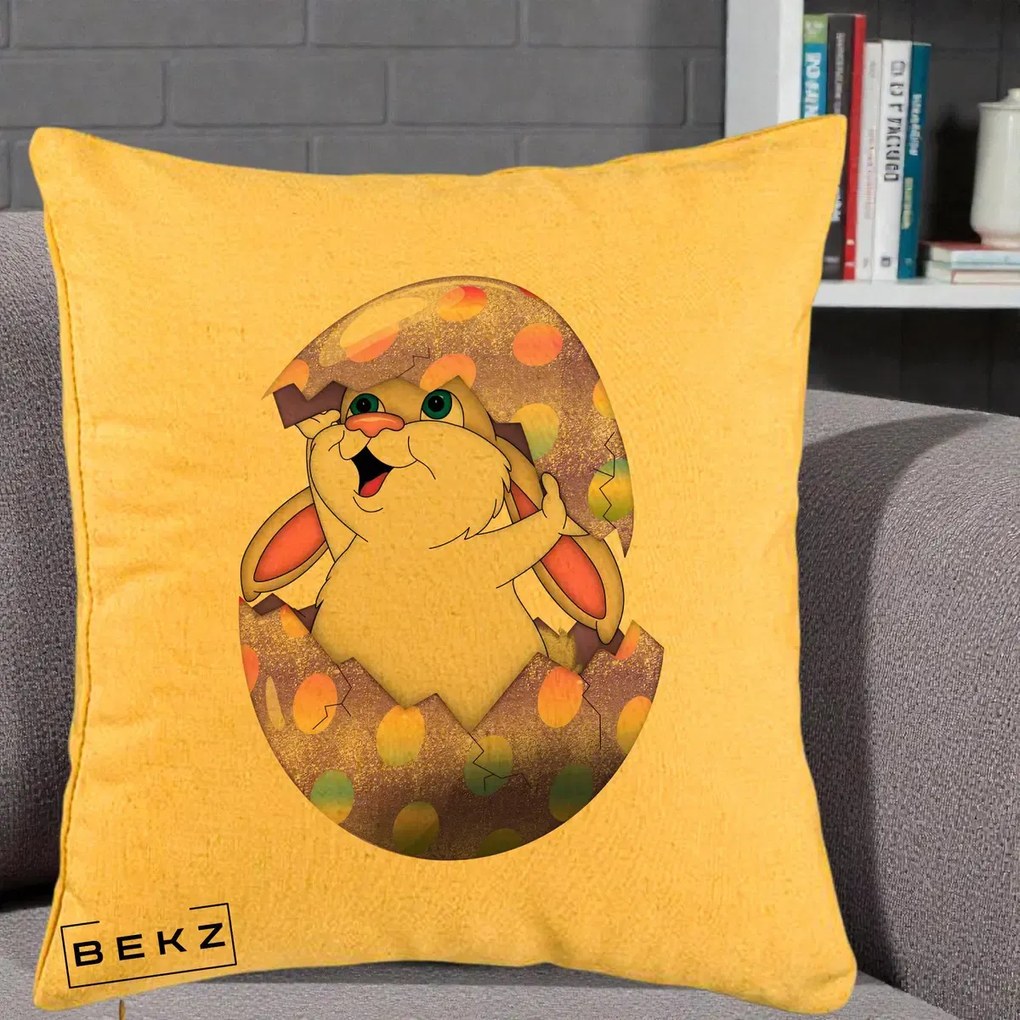 Perna Decorativa Iepuras din Ou de Pasti, 40x40 cm, Galben, Husa Detasabila, Perna Inclusa, BEKZ®