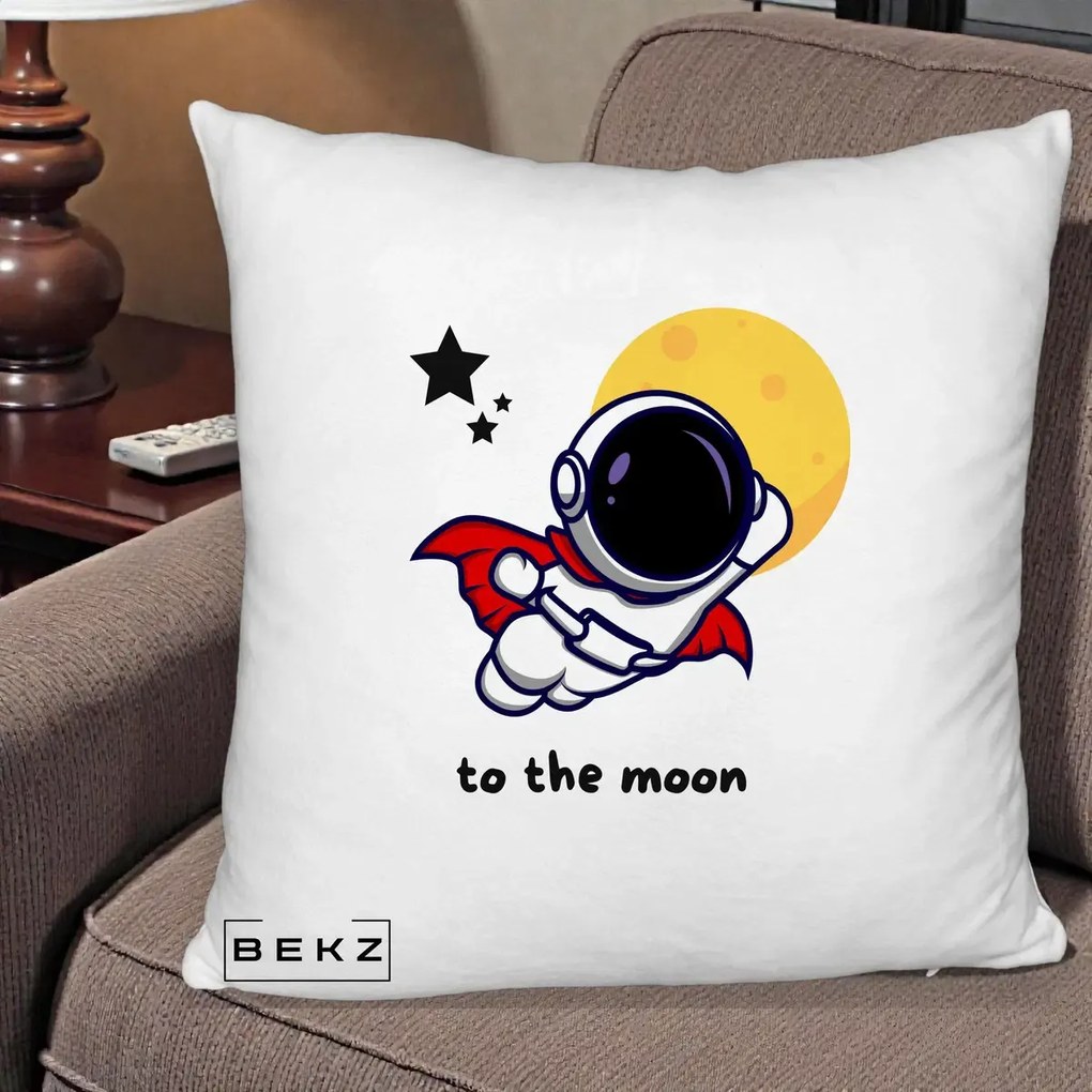 Perna Decorativa Astronaut To The Moon, 40x40 cm, Alb Pufos, Husa Detasabila, Perna Inclusa, BEKZ®