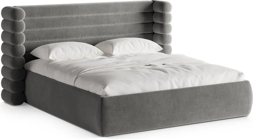 Pat matrimonial gri tapițat cu spațiu de depozitare cu somieră 200x200 cm Mount – Micadoni