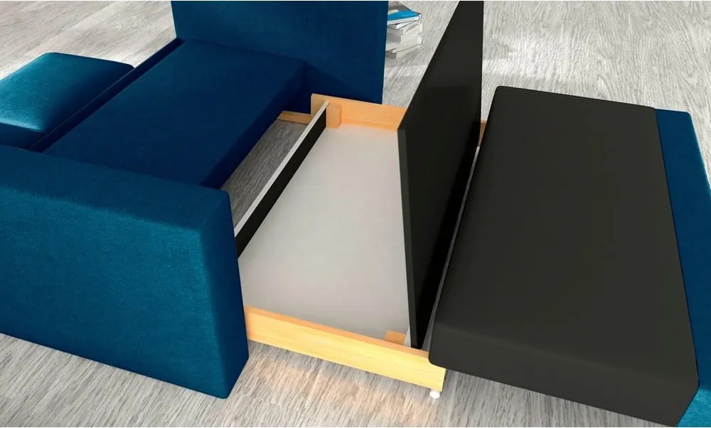 Canapea albastră extensibilă/cu spațiu de depozitare cu tapițerie din catifea 151 cm Wave – ELTAP