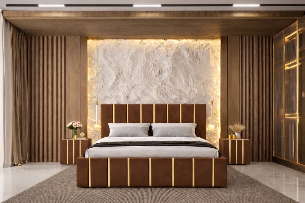 Pat tapitat Hugo 180x200 cm, Maro + Saltea Superortopedica Gold, grosime 20 cm + Set 2 noptiere Hugo, Maro