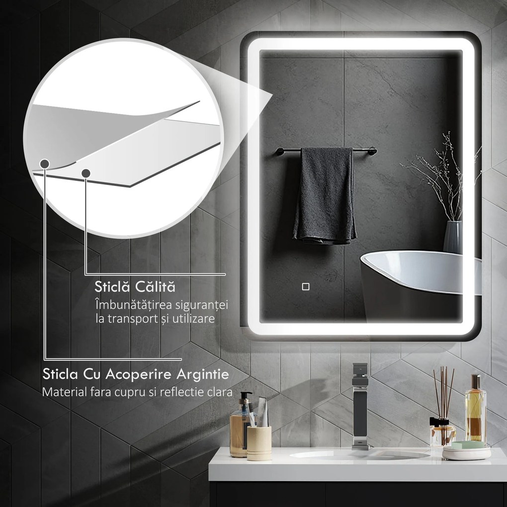 kleankin Oglinda pentru baie cu lumini LED, 70 x 50 cm | Aosom Romania