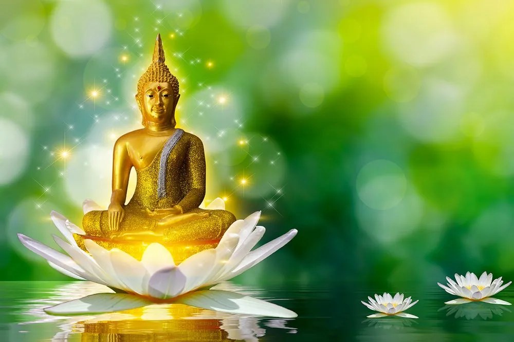 Tapet Buddha auriu pe o floare de lotus