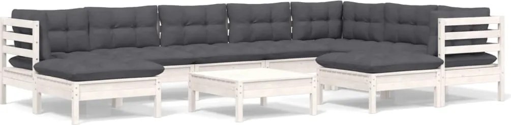 vidaXL Set mobilier grădină cu perne, 10 piese, alb, lemn masiv pin