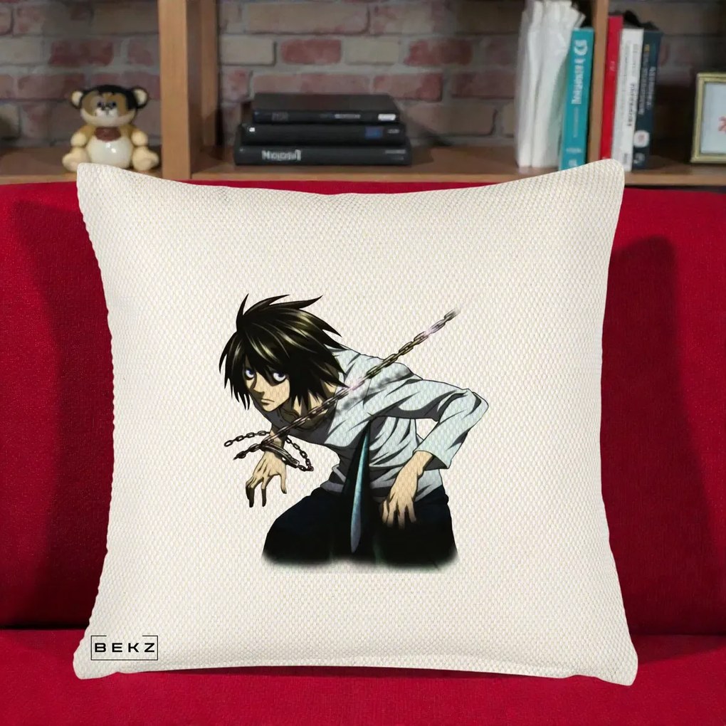 Perna Personalizata Death Note L Lawliet Lanturi, 40x40 cm, Crem Reliefat, Husa Detasabila, Perna Inclusa, BEKZ®