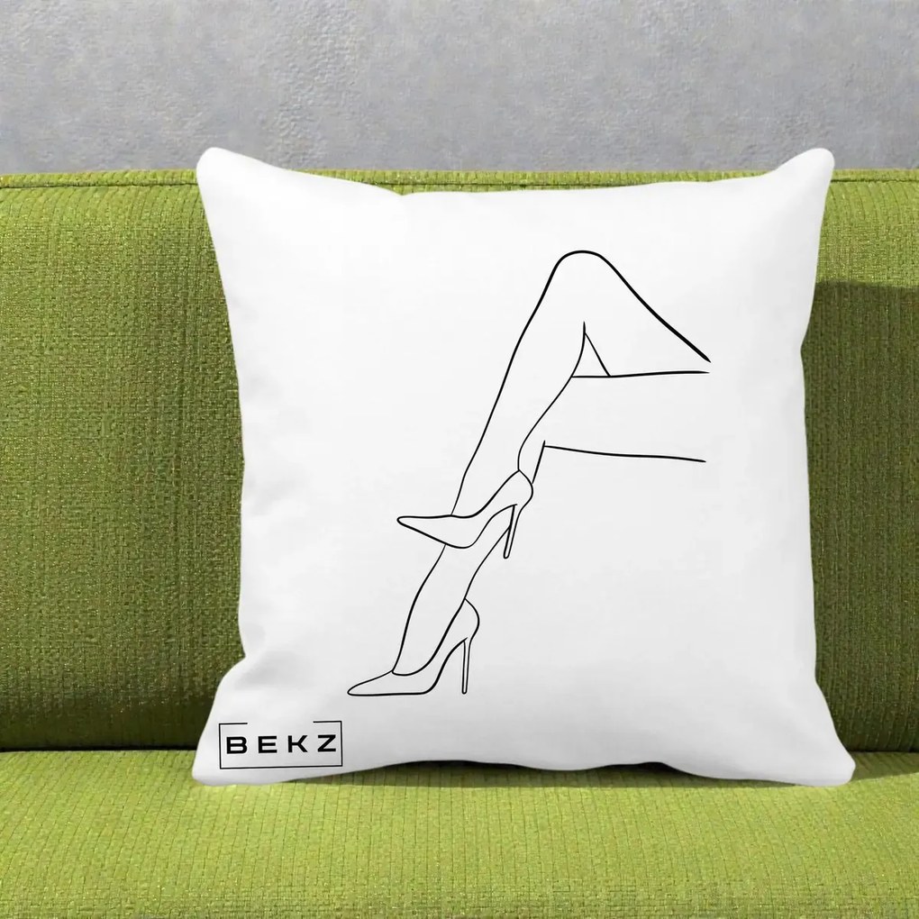 Perna Decorativa Picioare cu Tocuri Line Art, 40x40 cm, Alba Mata, Husa Detasabila, Perna Inclusa, BEKZ®