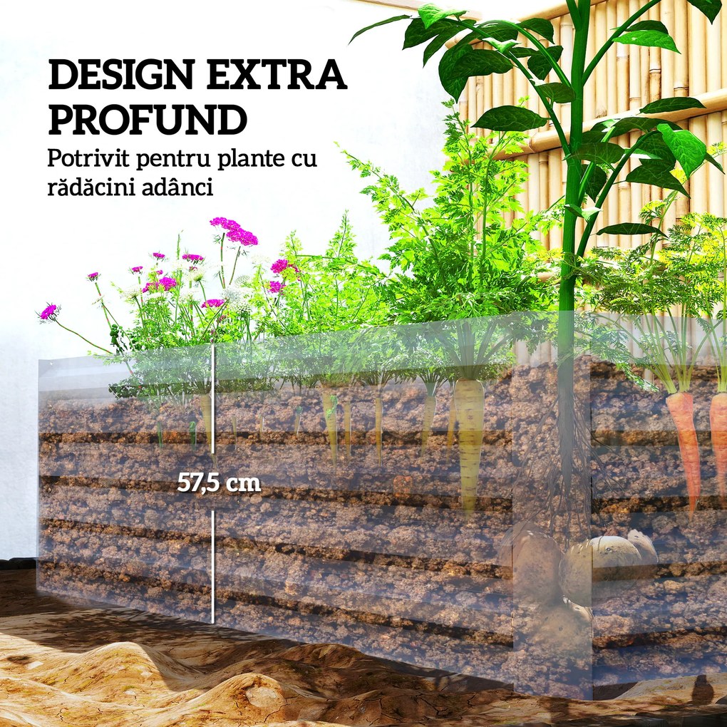 Outsunny Pat de Grădină Ridicat pentru Exterior cu Fund Deschis și Bare de Susținere, Jardinieră din Oțel Galvanizat, pentru Flori, Legume, Balcon sau Grădină, 180x90x57,5 cm, Gri Închis | Aosom Romania