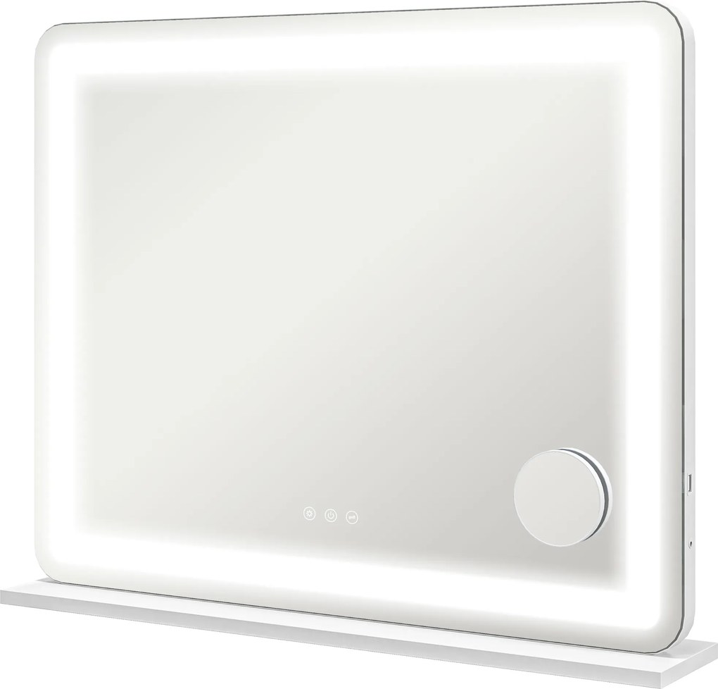 HOMCOM Oglindă de Machiaj cu Lumini LED în 3 Culori, Oglindă de Perete și Masă cu USB, 80x62x14 cm, Alb | Aosom Romania