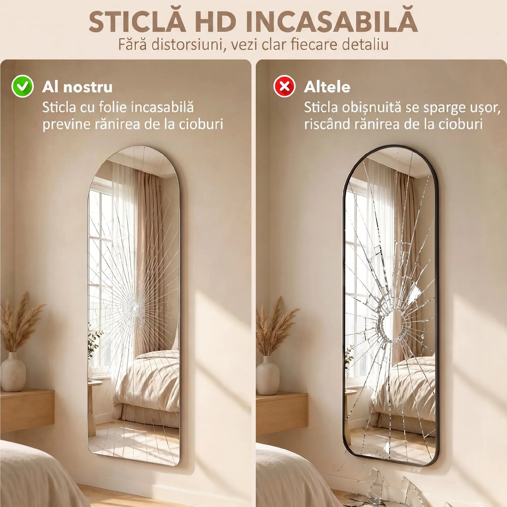 HOMCOM Oglindă de Perete în Formă de Arc cu Iluminare LED, Control Tactil și Sticlă Călită, 40x3x120 cm, Transparentă | Aosom Romania
