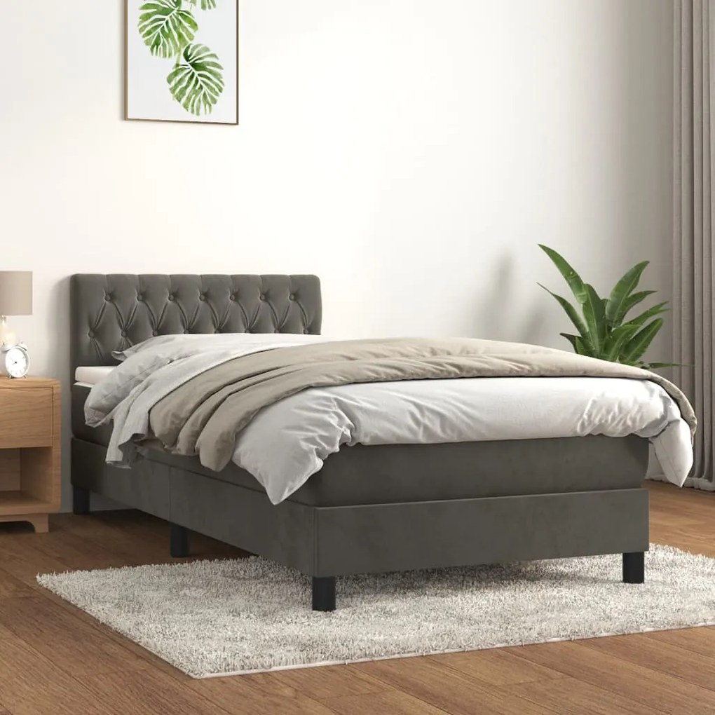 3141456 vidaXL Pat box spring cu saltea, gri închis, 90x190 cm, catifea