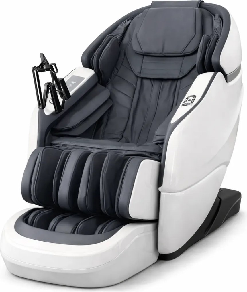 Fotoliu de masaj ZEENA INFINITY PRO, AI voce, Incalzire, Bluetooth, Zero Gravity SL-Track Shiatsu, Joystick și suport pentru telefon, Controler rapid cotiera, 2 Boxe, Moduri Automate, Suport Picioare extensibil, Piele PU Premium, Alb/Gri