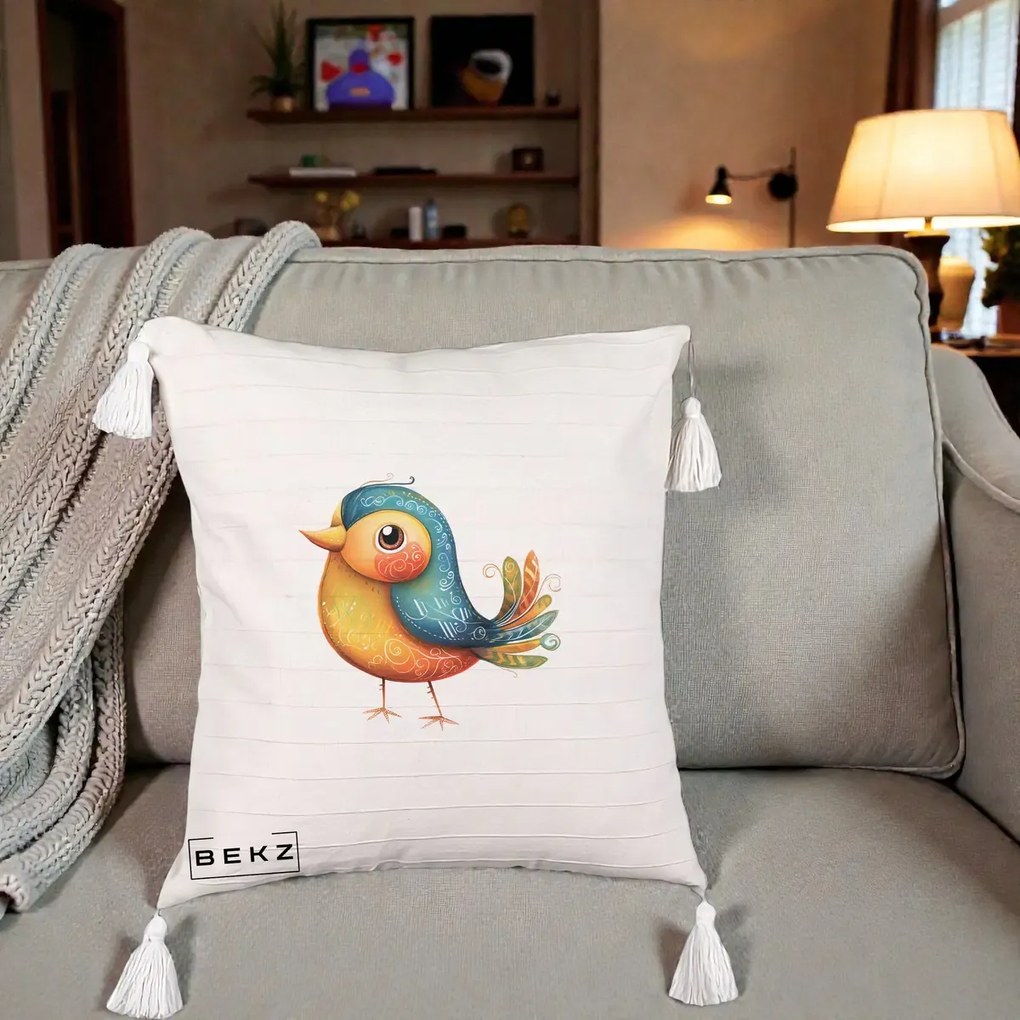 Perna Decorativa Pasare Folk Art Portocalie-Teal, 40x40 cm, Bej cu Franjuri, Husa Detasabila, Perna Inclusa, BEKZ®
