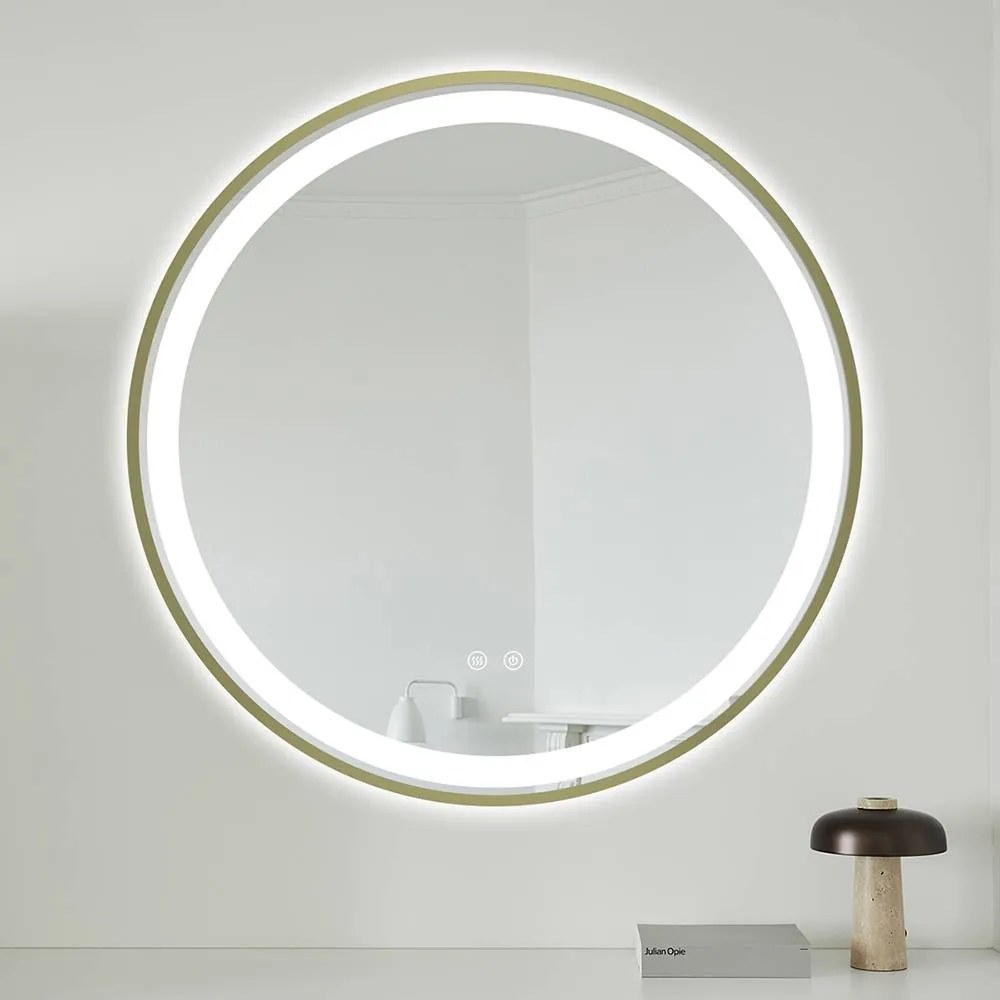 Oglindă LED Rotundă (Diametru 70 cm), 3 Moduri Iluminare (Lumină Rece, Naturală, Caldă), Intensitate Reglabilă, Funcție Dezaburire, Ramă Aluminiu, Control Tactil (Touch)
