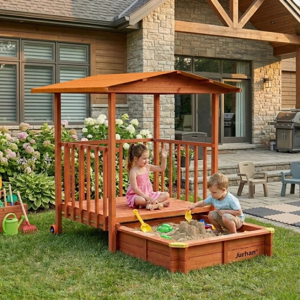 Groapa cu nisip cu verandă SUNNY, 130x130x143cm, maro/portocalie Jurhan
