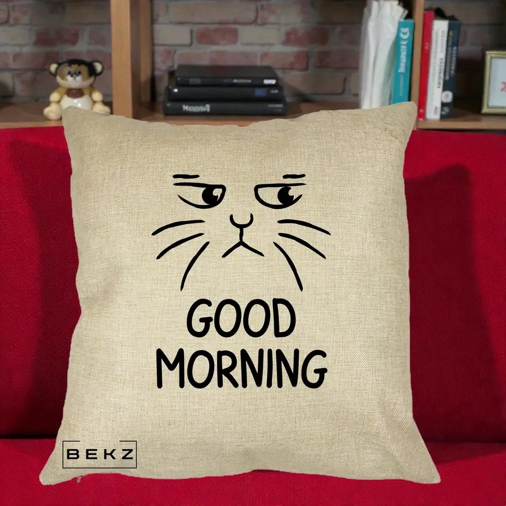 Perna Decorativa Pisica Morocanoasa Good Morning, 40x40 cm, Crem, Husa Detasabila, Perna Inclusa, BEKZ®