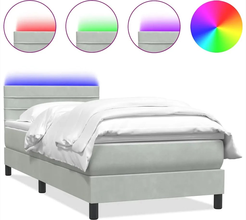 vidaXL Pat cu arcuri cu saltea și LED, gri deschis, 90x210 cm, catifea