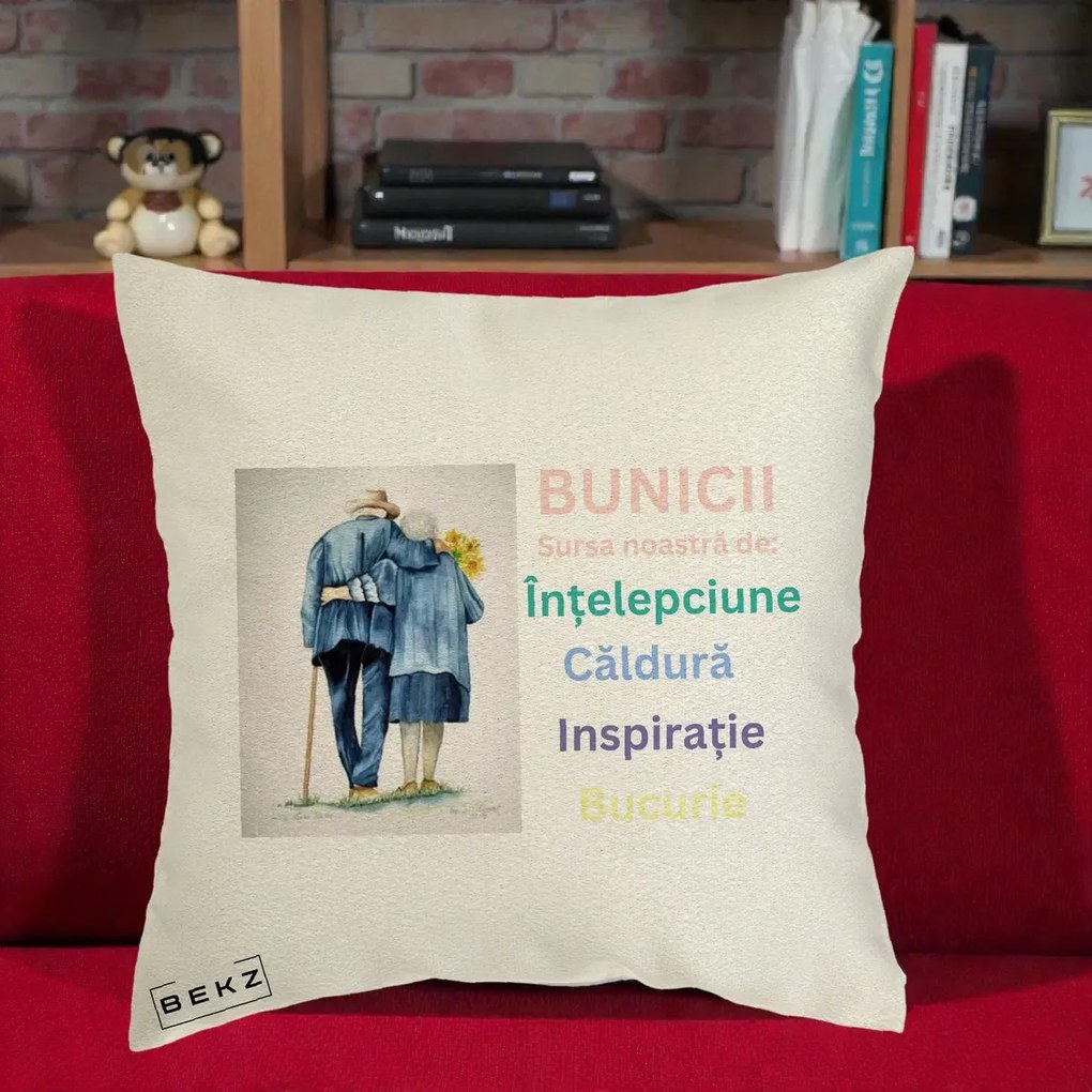 Cadou pentru Bunici - Perna Personalizata Bunicii Sursa Intelepciune Caldura Acuarela, 40x40 cm, Ecru, Husa Detasabila, Perna Inclusa, BEKZ®