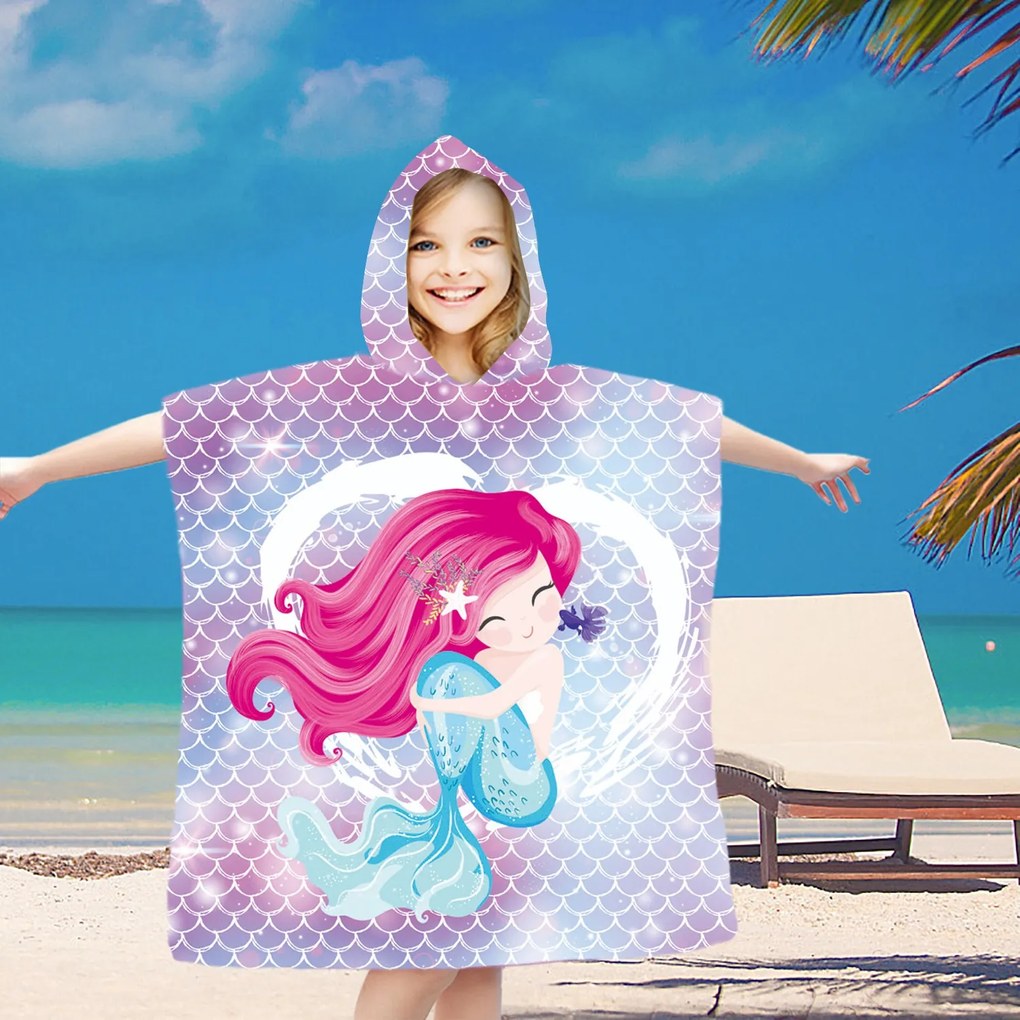 Poncho pentru copii MERMAID roz 60x90 cm