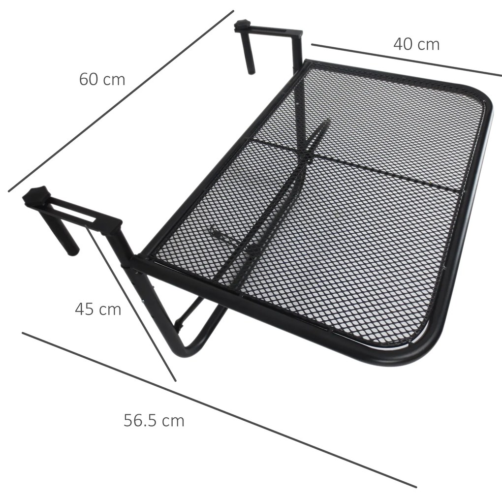 Outsunny Măsuță Suspendabilă pentru Balcon cu Brațe și Raft Reglabile, Design Compact, 60x56.5x45cm, Negru | Aosom Romania