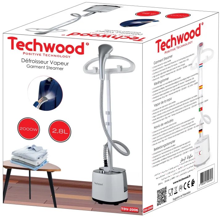 Aparat de calcat cu aburi Techwood TDV-2006, 2000W, 2.8 l, 30 g/min, 90 min, Protectie termica, 2 setari, Alb