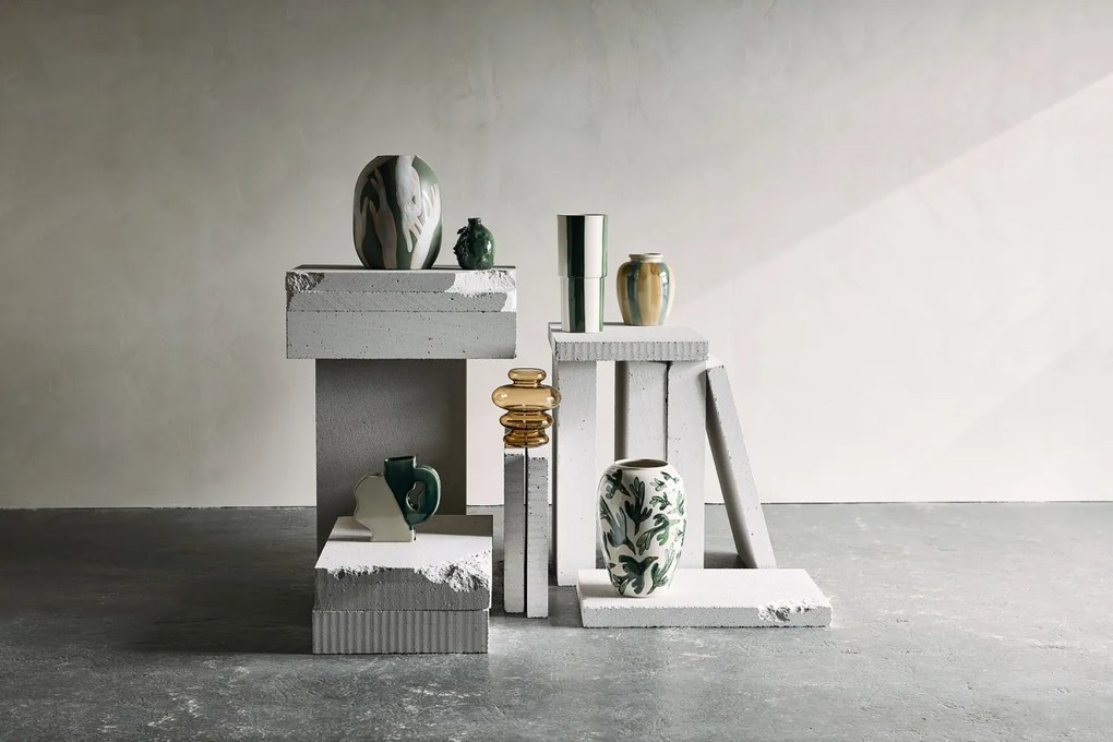 Vază rustică din ceramică pictată manual verde și bej 16,5x20 cm „Rahima”