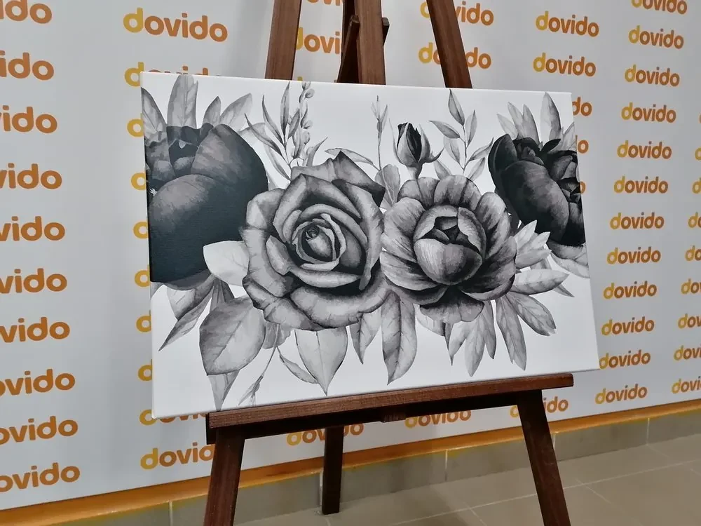 Tablou combinație fermecătoare de flori și frunze în design alb-negru