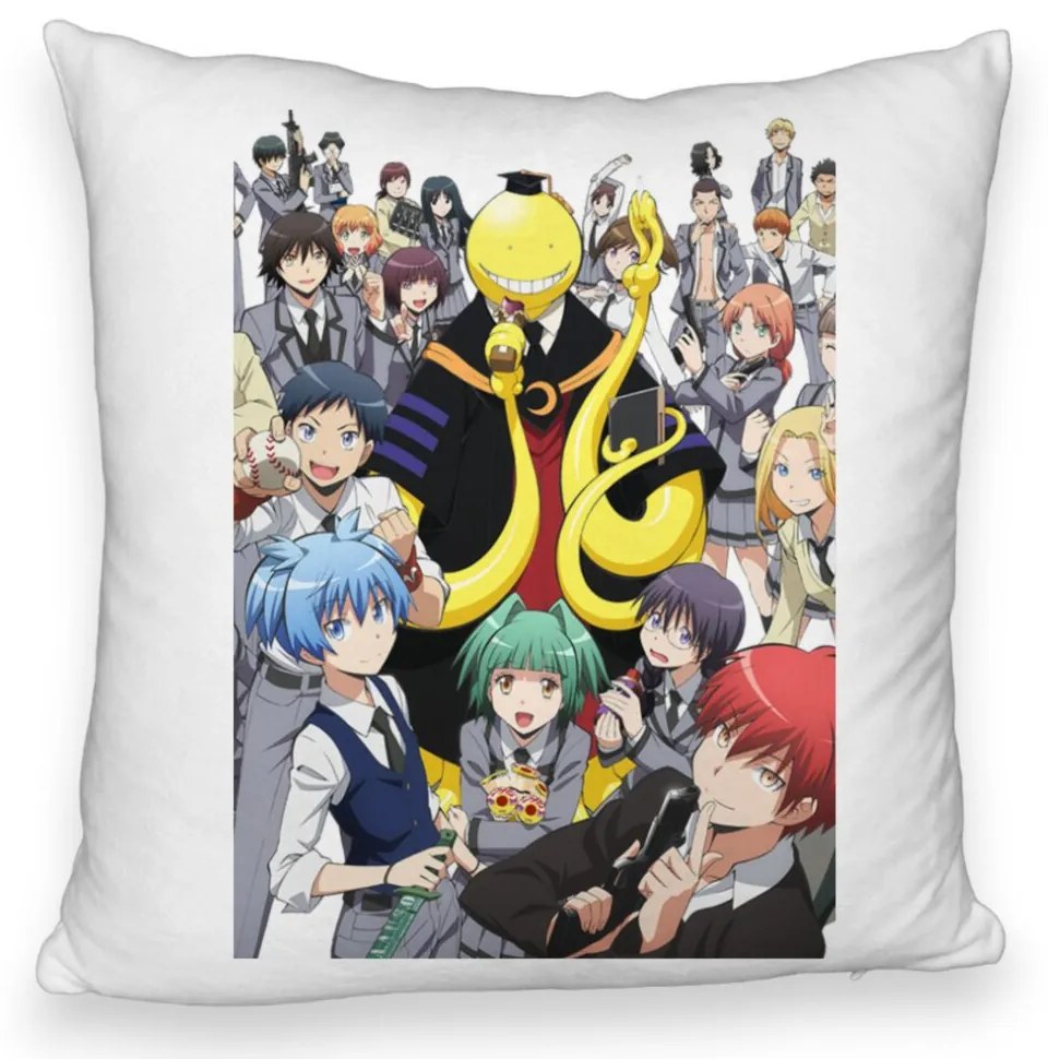 Perna Decorativa Fluffy cu Assasination Classroom, 40x40 cm, Alba, Husa Detasabila, Burduf