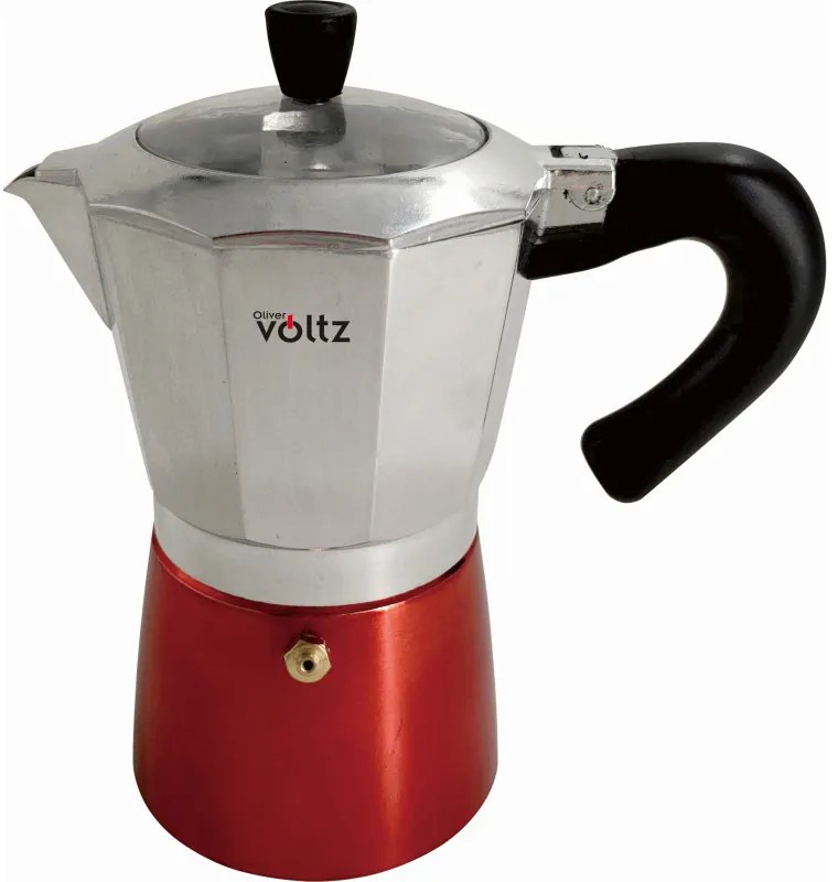 Cafetiera moka Oliver Voltz OV51173H6, 6 cesti, 300 ml, Aluminiu, Inox/Rosu