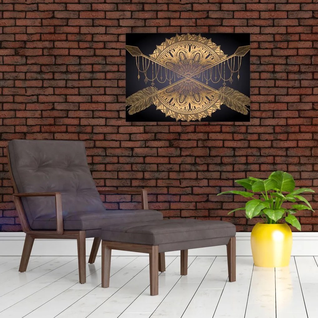 Tablou pe sticlă - Mandala aurie cu săgeți (70x50 cm)