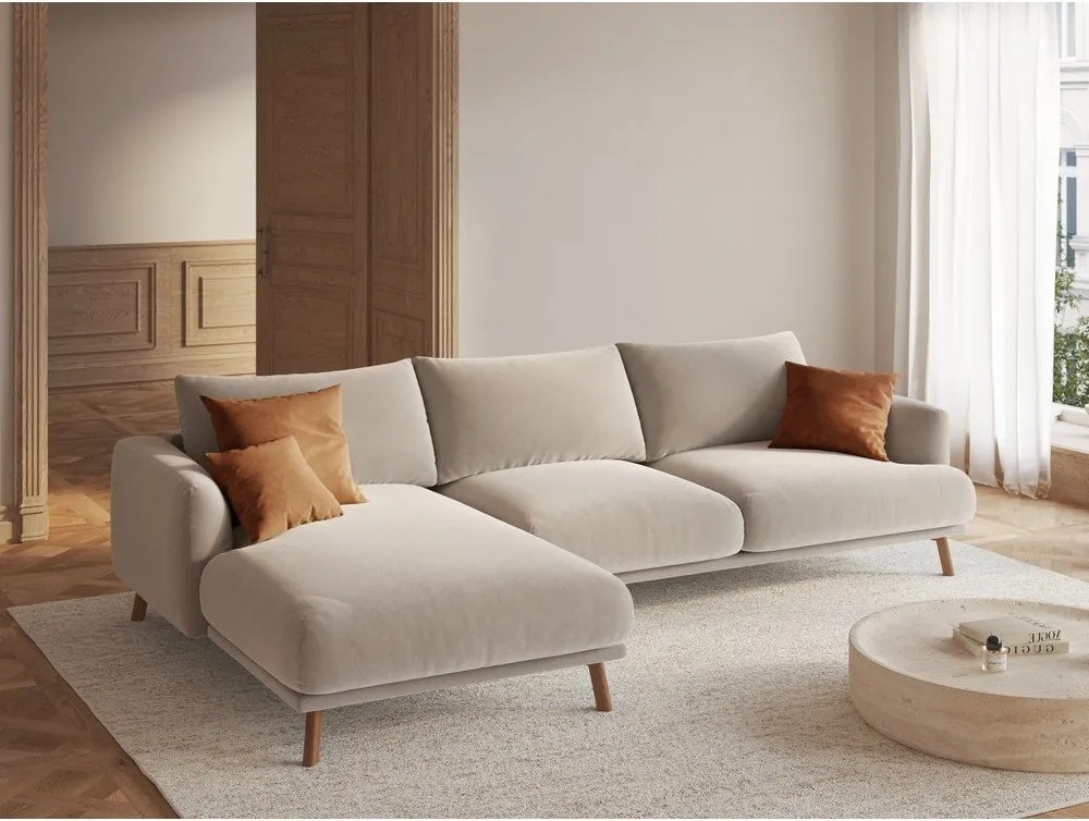 Colțar bej cu tapițerie din catifea (cu colț pe partea stângă/cu șezlong) Naomi – Micadoni