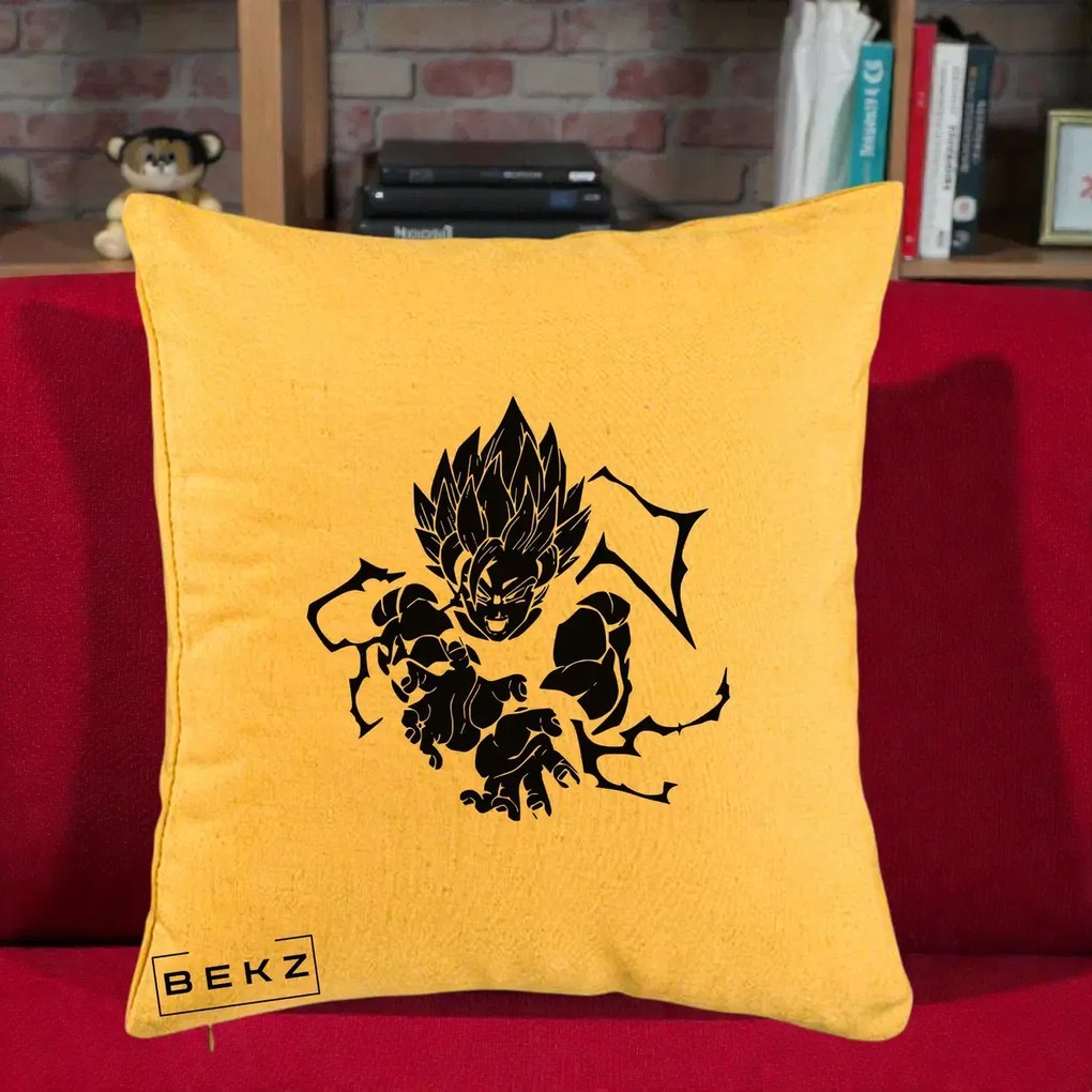 Perna Personalizata Dragon Ball Goku Super Saiyan Silueta, 40x40 cm, Galben, Husa Detasabila, Perna Inclusa, BEKZ®