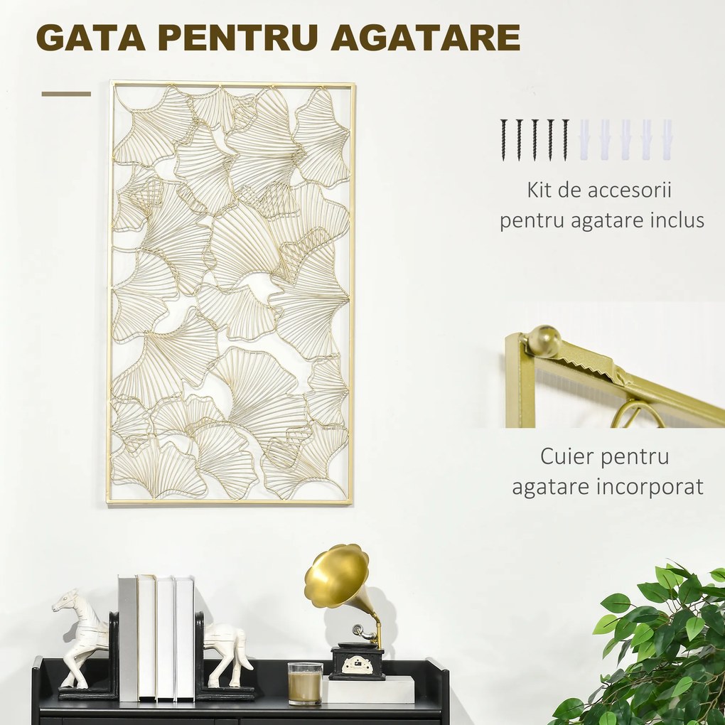 HOMCOM Decor de perete metalic 3D, decoratiune de perete aurie cu cadru dreptunghiular si frunze de ginkgo, 50 x 85 cm | AOSOM RO