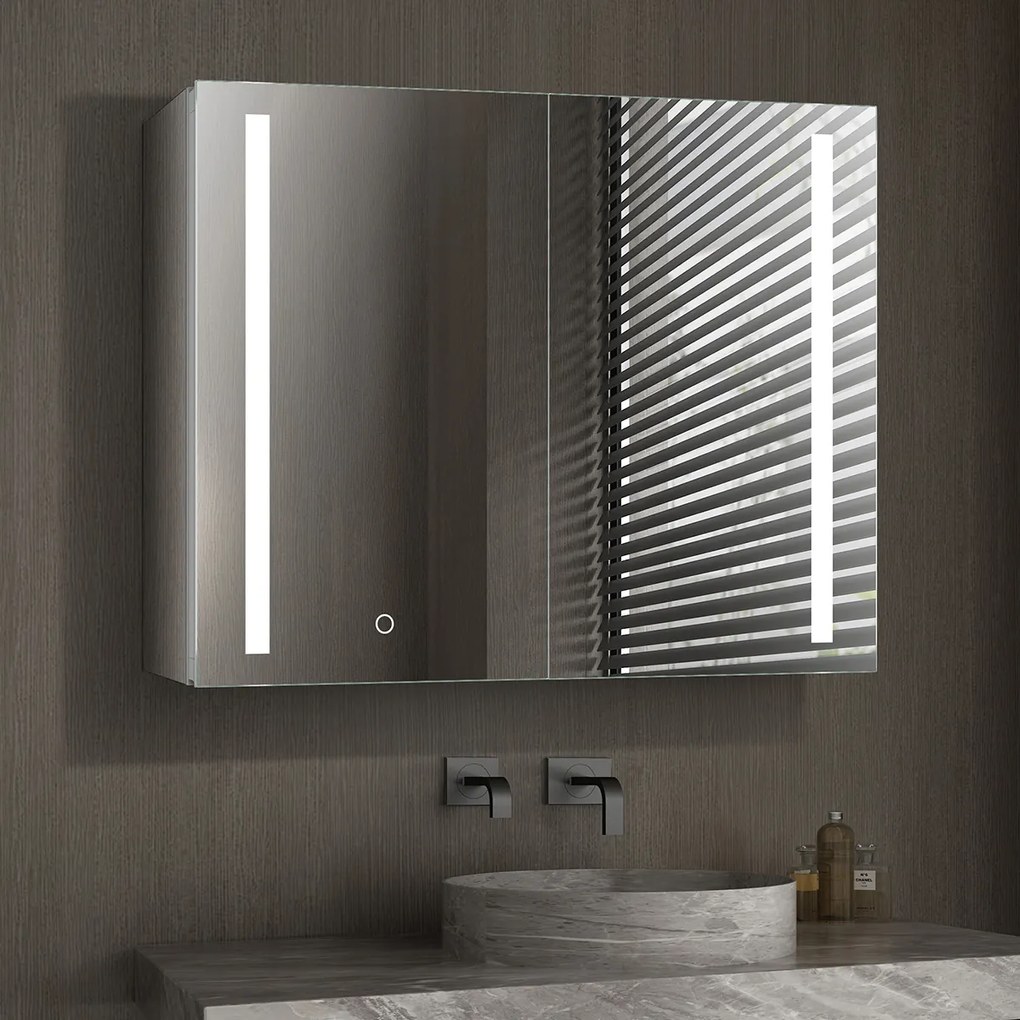 Oglinda baie cu dulap din Aluminiu, sistem iluminare LED, IP44, 80x70x15cm, D4214, Functie Dezaburire, Butoane Touch
