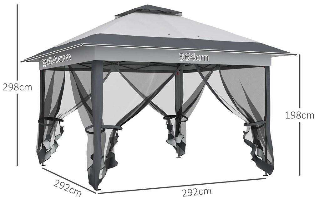Outsunny Foișor Pliabil cu Perdele Laterale, Foișor de Grădină din Oțel și Țesătură Oxford cu Geantă de Transport, 364x364x294 cm, Gri